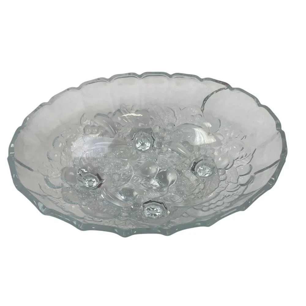 Vintage Oval Footed Cut Glass Scalloped Edge Floral Leaf Serving Bowl Dish
